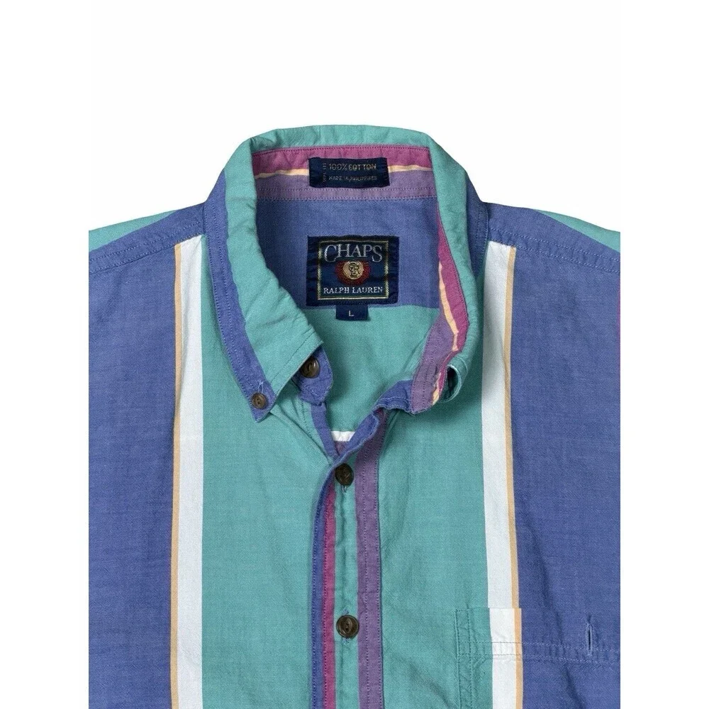 Vintage 90s Chaps Ralph Lauren Shirt L Men Color Striped Short Sleeve Crest Logo - Picture 3 of 9